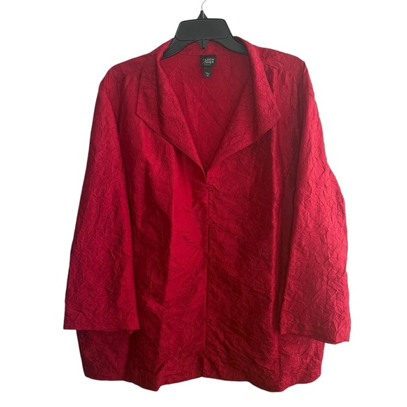Eileen Fisher Red Silk Crinkled Button Up Tunic Lightweight Jacket - Picture 1 of 7